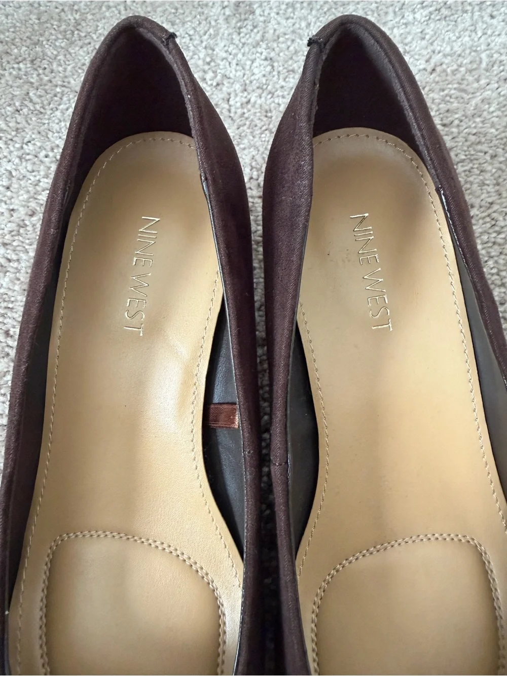 Nine West Classic Brown Pointed Toe Kitten Heel Pumps with Gold Accent